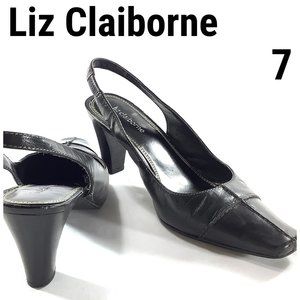 Liz Claiborne Heels Slingback Strap Sandals Leather Black 7 Megan Style
